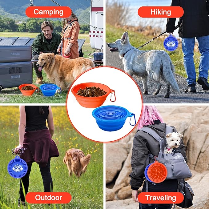 Large Collapsible Dog Bowls (34oz), 2 Pack 2 Colors Pet Travel Foldable Bowl and Slow Feeding Frisbee with Carabiners, Healthy, Soft Silicone, Portable Essential Set for Walking, Travel, and Hiking