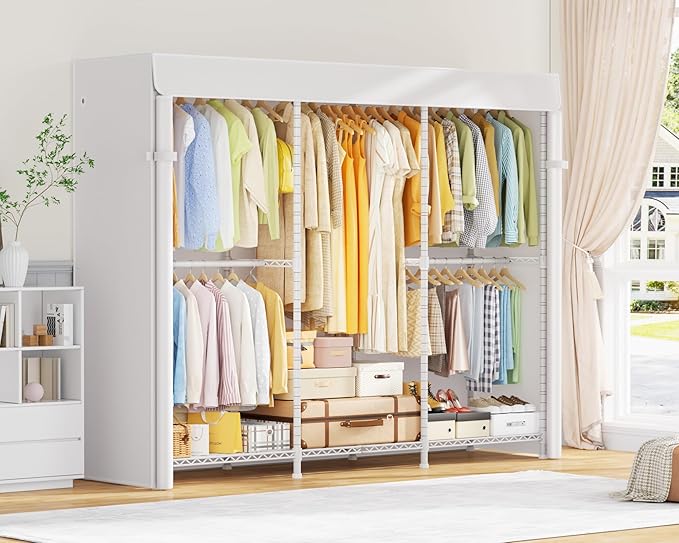 E14C Pro Heavy Duty Closet Organizer System,Freestanding Clothing Racks for Hanging Clothes,Adjustable Garment Rack 70.1"W × 16.6"D × 76.4"H Hold 960 lbs,White Rack with White Dustproof Cover
