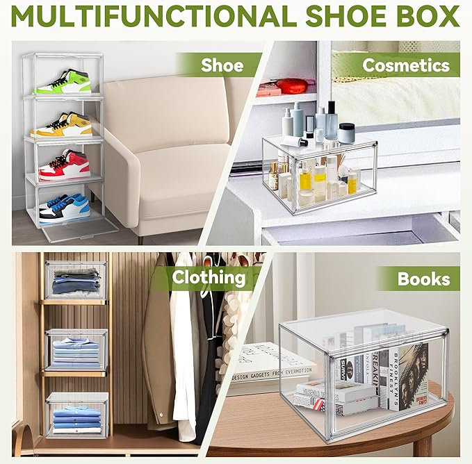 12 Pack Sneaker Boxes Clear Plastic Stackable Shoe Box Size 12.5, Transparent Display Case with Magnetic Acrylic Door, Dustproof Storage Bins for Closet, Over the Door Shoe Organizer