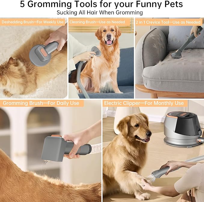 HiKiNS Dog Grooming Vacuum Kit,9 in 1 Dog Hair Vacuum Dryer Clipper Kits with 4.5L Dust Cup,18Kpa 1100W LED Display Pet Shedding Grooming Quiet with Adjustable 3 Modes Suction&Temperature(Upgraded)