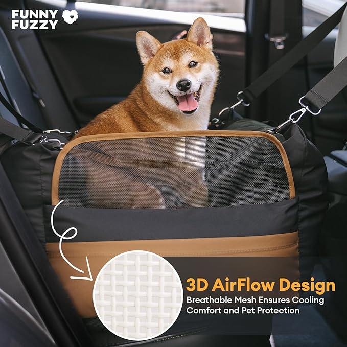 FUNNY FUZZY Waterproof Dog Car Seat for Small & Medium Dogs Up to 35lbs, Detachable & Washable Pet Booster Seat with Leash, Thick Cushion, Storage Pockets & Adjustable Straps (Black)