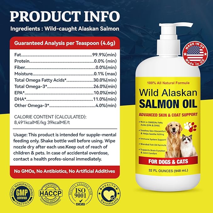 Wild Alaskan Salmon Oil for Dogs & Cats - 32oz Omega 3 Fish Oil with EPA DHA Fatty Acids, Skin & Coat Support, Itchy Relief, Immune & Joint Support, Liquid Food Topper for Heart & Brain Health