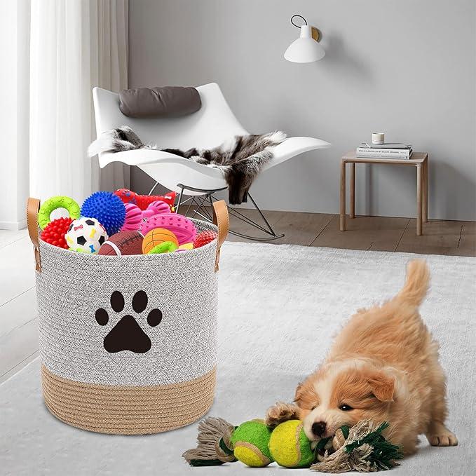 Cotton rope dog toy basket, puppy toy basket, puppy bins, laundry basket blanket storage bin - Perfect for organizing pet toys, blankets, leashes - Gray Beige