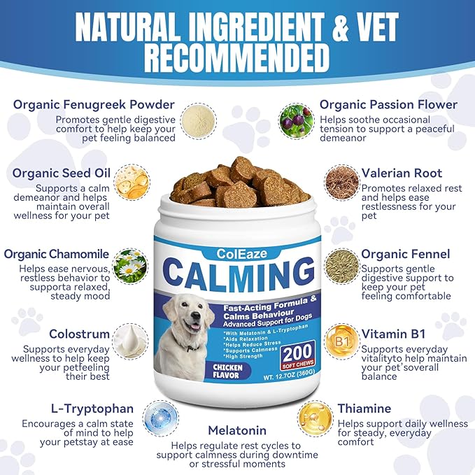 Calming Chews for Dogs 200ct- Dog Calming Chews Anxiety and Stress Relief Sleep Aid Melatonin for Dogs Noise, Thunder, Barking, Separation, Small Medium Large & All Breeds, Chicken Flavor