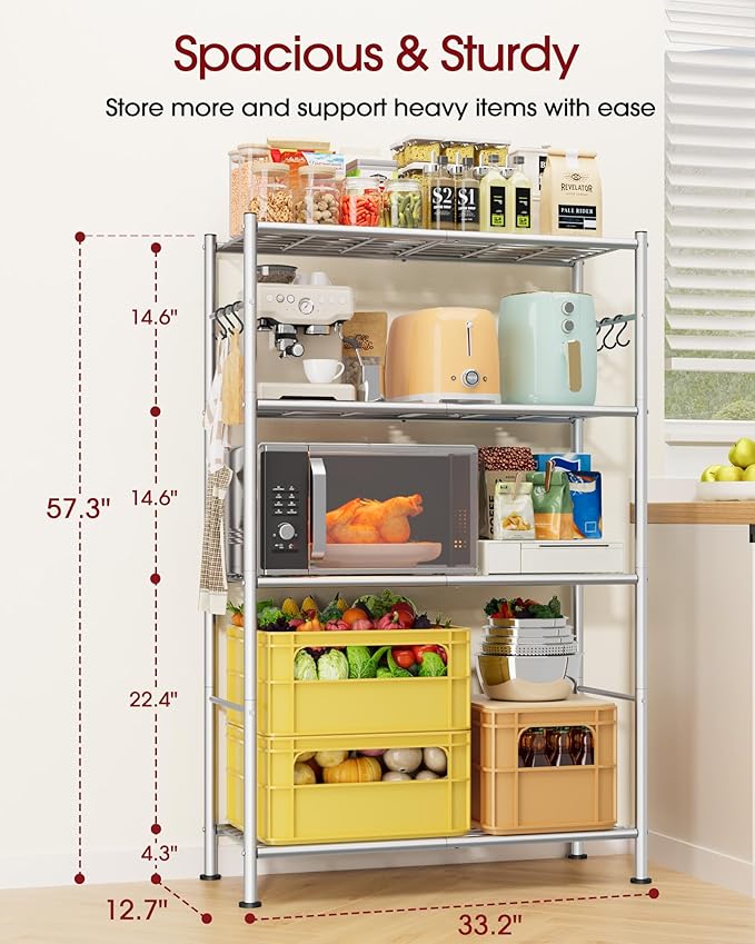 Storage Shelves - 4-Tier Spacious Shelf Organizer with Hooks & Leveling Feet, Easy to Assemble, Rust-Resistant Garage Shelving for Kitchen, Pantry, Bedroom, 33.2" x 12.7" x 57.3", Sliver