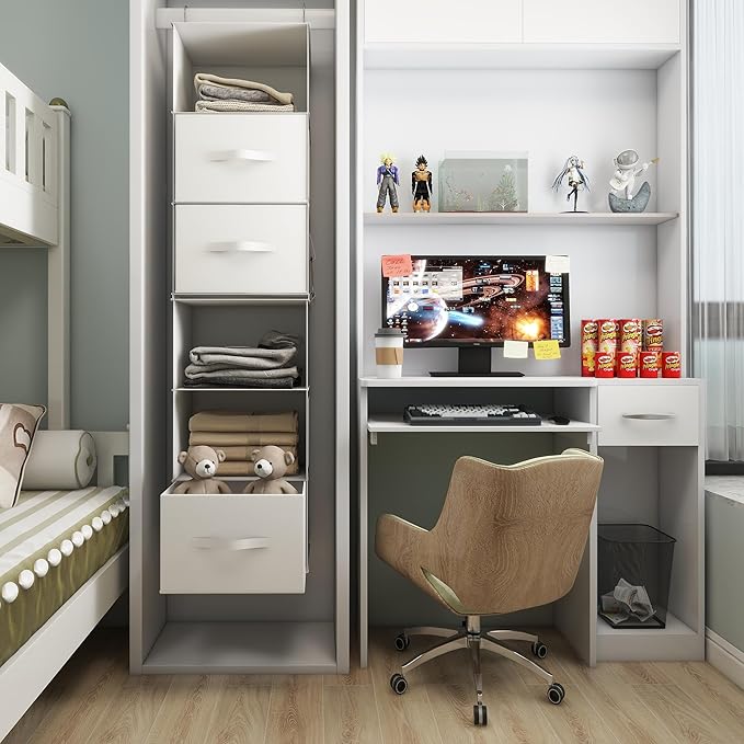 Twira 6-Shelf Hanging Closet Organizer, 2 Separable 3-Shelf Hanging Shelves, Hanging Storage with 3 Removable Drawers 4 Side Pockets, Storage Organizer for Closet, Nursery (White)
