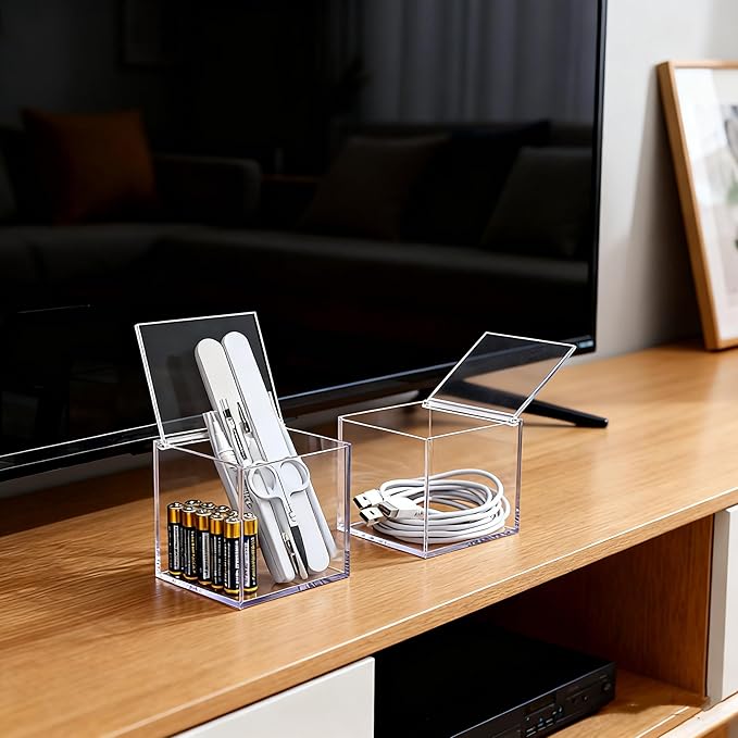 Acrylic Box with Hinge Lid, Clear Cube Display Case,Acrylic Square Container for Holding Staples, Highlighters, Adhesive Tape, Paper Clips, Stamps, Display in Office or Home