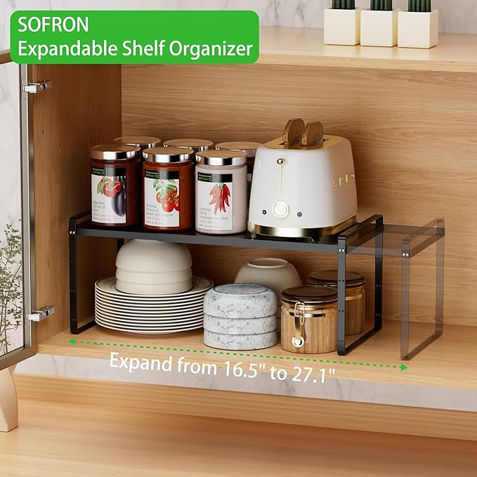 Expandable Cabinet Storage Shelf Stackable Organizer Rack for Kitchen Bathroom Pantry Spice Cupboard Countertop Home Office Desk Heavy Duty Nonslip Black Small 1 PACK