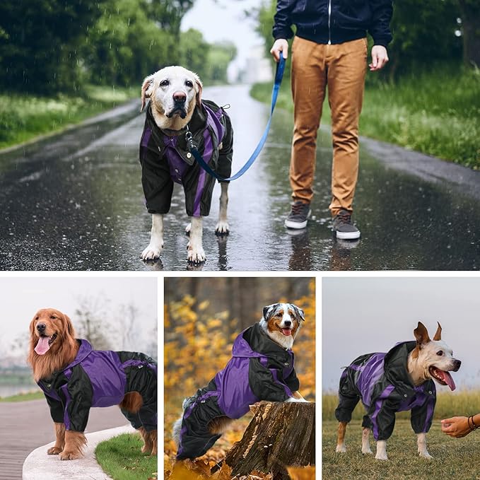 Dog Raincoat, Waterproof Dog Rain Coats for Large Dogs, Lightweight Rain Jacket, Adjustable 4 Legs Pet Poncho with Hood, Snow-Proof Dog Vest Rainwear, Rain Clothes Apparel with Leash Hole
