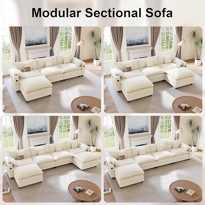 152" Modular Sectional Sofa, L Shaped Cloud Couch with Movable Ottoman, Chenille Deep Seat Cloud Sofa with Charging Station, Cup Holder, Side Pocket, Sectional Couches for Living Room, Beige