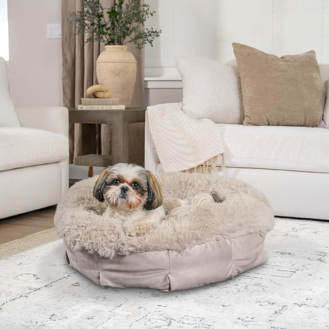 Best Friends by Sheri Ultra Calming Pouf Bed, Orthopedic Round Dog Bed for Joint Support, Faux Fur, Washable Cover, Tan, Small, 23"x23"