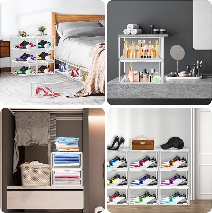 5 Pack Clear Shoe Boxes Size 12 Shoe Storage Organizer for Closet Stackable Shoes Rack Handbag Organizer Plastic Sneaker Storage Bin with Magnetic lids