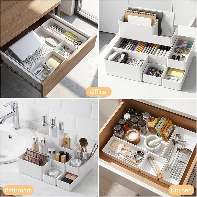 18 Pcs Drawer Organizer Stackable 4 Size Makeup Drawer Organizer Trays Acrylic Bathroom Vanity Storage Bins for Cosmetic, Jewelries, Office Supply, Kitchen Utensils (White,Glossy)