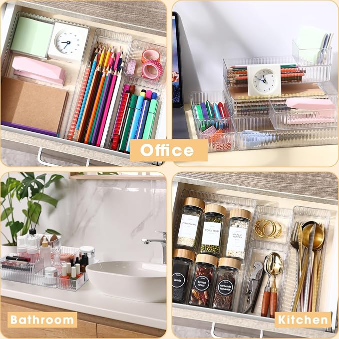 18 Pcs Drawer Organizer Stackable 4 Size Makeup Drawer Organizer Trays Acrylic Bathroom Vanity Storage Bins for Cosmetic, Jewelries, Office Supply, Kitchen Utensils(Clear,Stripes)