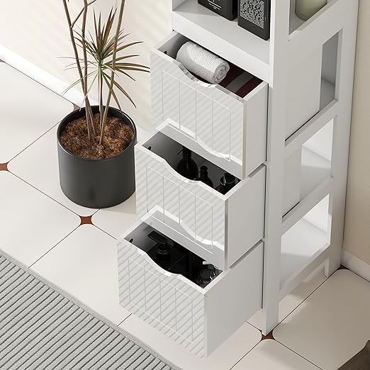 HOMCOM Narrow Bathroom Storage Cabinet, Bathroom Floor Cabinet with 3 Drawers & 2 Open Shelves, Freestanding Slim Storage Organizer for Small Spaces, White