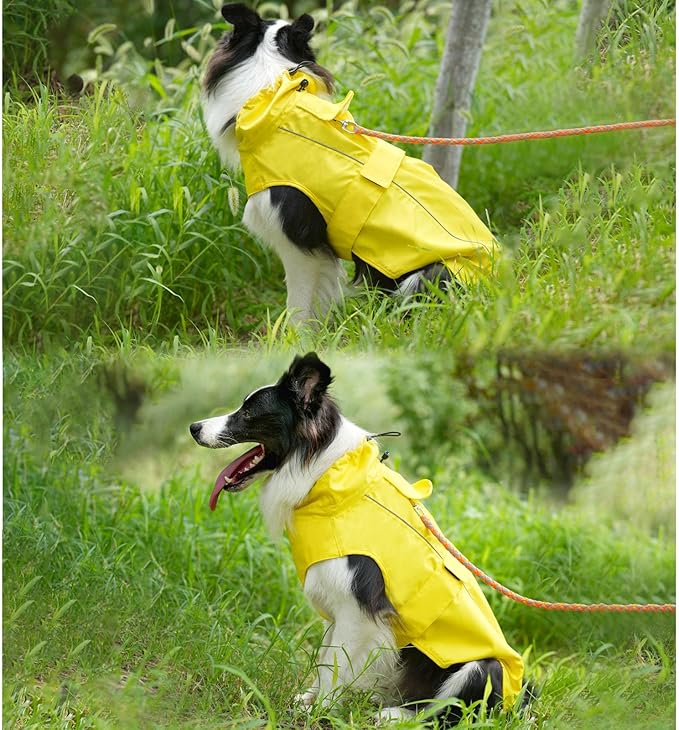 Waterproof Dog Raincoat, Adjustable Lightweight Dog Rain Jacket with Reflective Strip Leash Hole for Small Medium Large Dogs (Yellow, Small(9-13lb))
