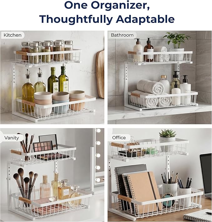 Under Sink Organizer, 2 Pack, 2 Tier Sliding L-Shaped Carbon Steel Rack with Adjustable Height, Motion-Activated LED Lights, Dividers & Hooks (White)