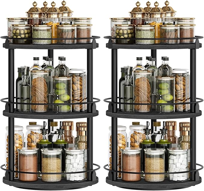 Spice Rack, Set of 2 Lazy Susan Organizer, 3 Tier Turntable Organizer For Cabinet, Compact and Versatile, for Kitchen Countertop, Black SR23L2BB