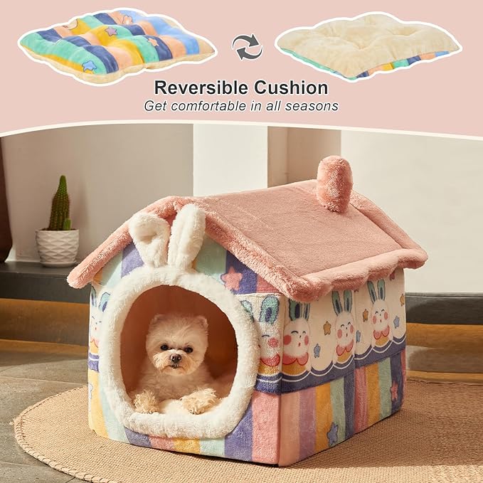 JIUPETY Cute Cat Beds for Indoor Cats, Foldable Cat House with Non-Slip Bottom, S Size Kitten Bed for 0-6 Lb Dogs and 0-8 Lb Cats, Rainbow