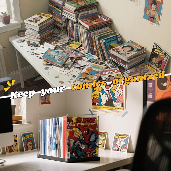 Comic Book Storage Holder,Wood Comic Book Case with three acrylic dividers,Acrylic Comics Book Box,Bin & Organizer,Stores Up To 150 Comics (Black)