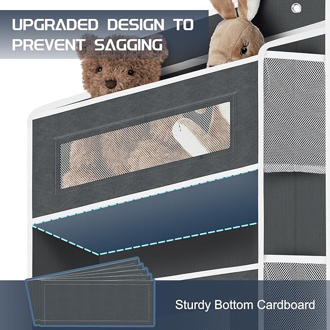 1 Pack 5-Tier Over the Door Organizer with 5 Large Side Pockets, 40lb Ultra Sturdy Large Capacity Behind the Door Storage, Stuffed Animal Storage for Pantry Bathroom Closet Baby Essentials(Grey)