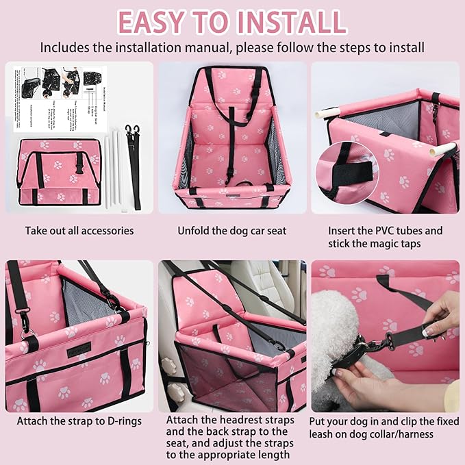 PetsHome Dog Car Seat Foldable Dog Car Booster Seat Waterproof Breathable Oxford Travel Bag for Small to Medium Dogs, Puppies, and Pets-Footprint Pink+Mat