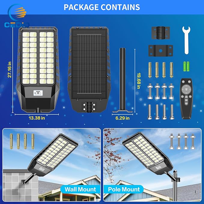 CEDIO Solar Street Lights, Outdoor Solar Lights IP66 Waterproof Street Light Dusk to Dawn, LED Flood Light with Motion Sensor for Yard (9800W-2PACK)