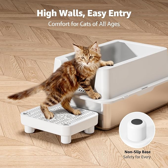 Cat Litter Box Step Ramp,Cat Litter Catcher Mat with ABS Material Base,Filter Function,Pedal Stool for Self-Cleaning Litter Box,Anti-Tracking & Non-Slip,Ideal for Kitten & Elderly Cats,White