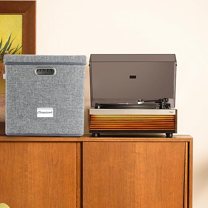 Vinyl Record Storage Box Set of 2 - Album Storage Holds 100+ Single Records, Decorative LP Storage Organizer Crate with Lid, Sturdy Moving Boxes for Records