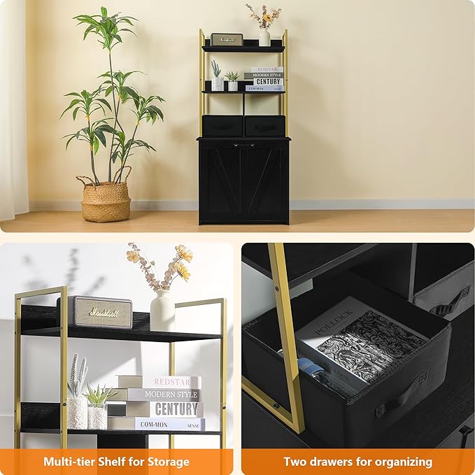 DWANTON Litter Box Enclosure with 2 Storage Shelves and 2 Drawers, 2-in-1 Hidden Cat Litter Box Enclosure Furniture with Shelf, Reversible Entrance, Washable Drawers, 50-Inch, Black+Gold