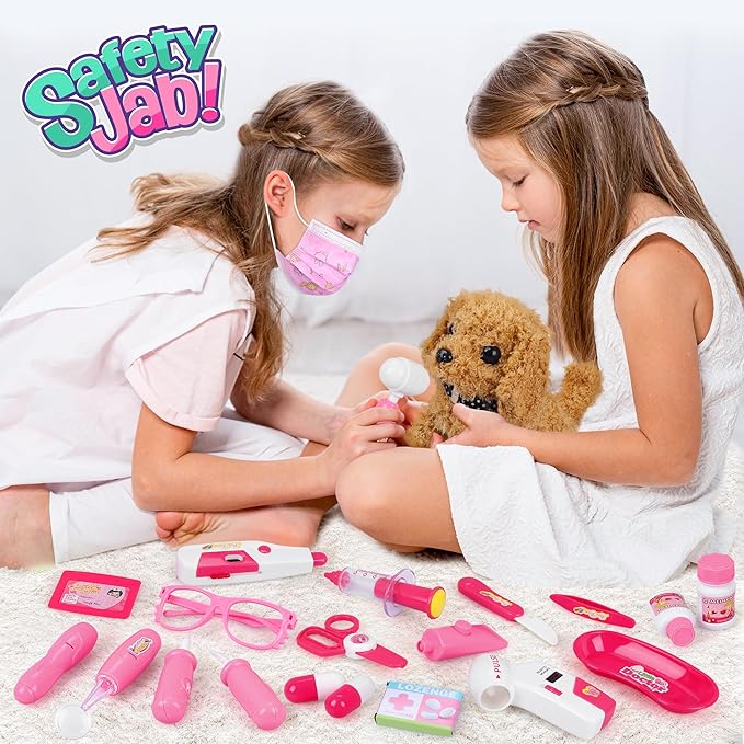 33Pcs Pet Doctor Kit for Toddlers - Dress Up Costume & Pretend Doctor Play Set with Dog Toy, Stethoscope, Pet Vet Roleplay Toys, Christmas Birthday Gifts for Ages 3 4 5 6 7 8 Year Old Boys Girls