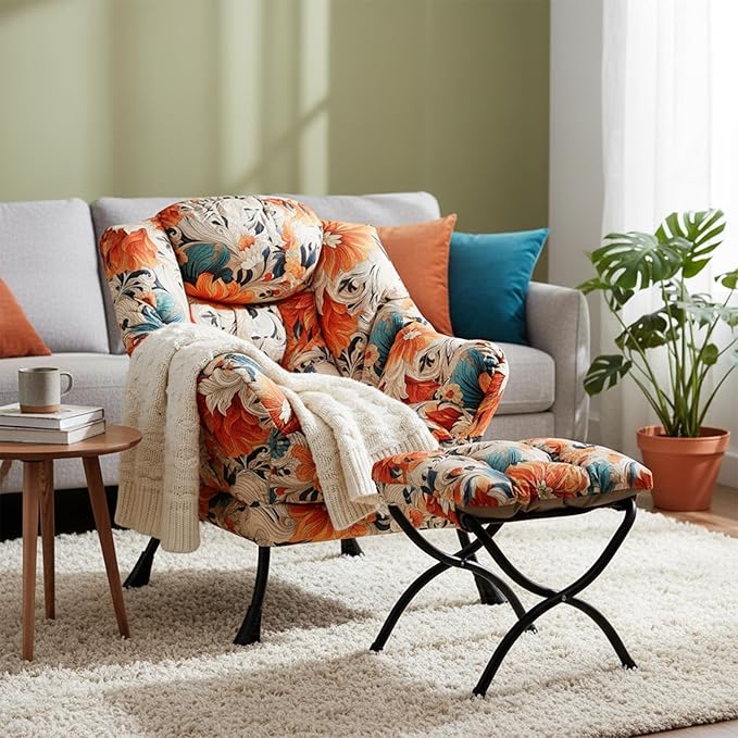 Welnow Lazy Chair with Ottoman, Modern Lounge Accent Chair with Armrests and a Side Pocket, Leisure Sofa Armchair Set, Reading Armchair with Footrest for Small Space, Orange Blue