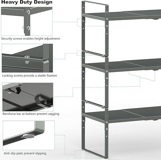Expandable Stackable Spice Rack Cabinet Shelf Organizer in Cabinets Shelves Kitchen Cupboard Organization Stack up Racks Pantry Countertop Storage (Gray, Medium 2 Packs)