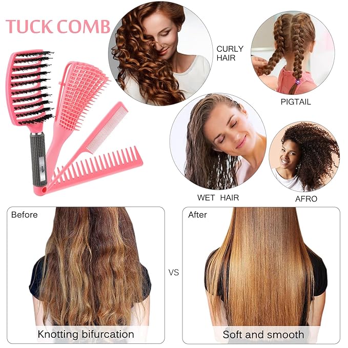 4pcs Curly Brush Set for Adult & Kids Wet or Dry Hair, Detangling Brush for 3/4ABC Hair with Wide Tooth Comb (4, Pink)