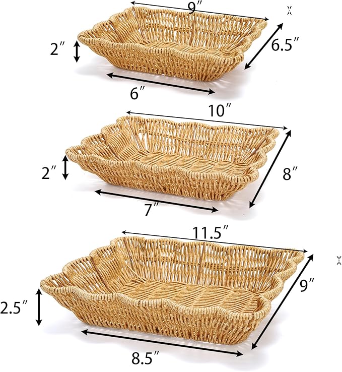 Jucoan 3 Pack Poly Wicker Bread Baskets, Imitation Rattan Fruit Baskets, Rectangular Tabletop Woven Serving Baskets Trays for Fruits Vegetables and Snacks, Restaurant Hotel Kitchen