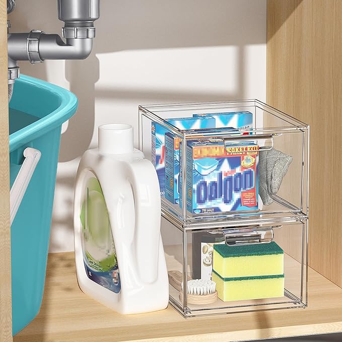 2 Pack Stackable Makeup Organizer and Storage, Acrylic Organizers,Clear Plastic Storage Drawer with Handles for Vanity, Undersink, Kitchen Cabinets, Pantry