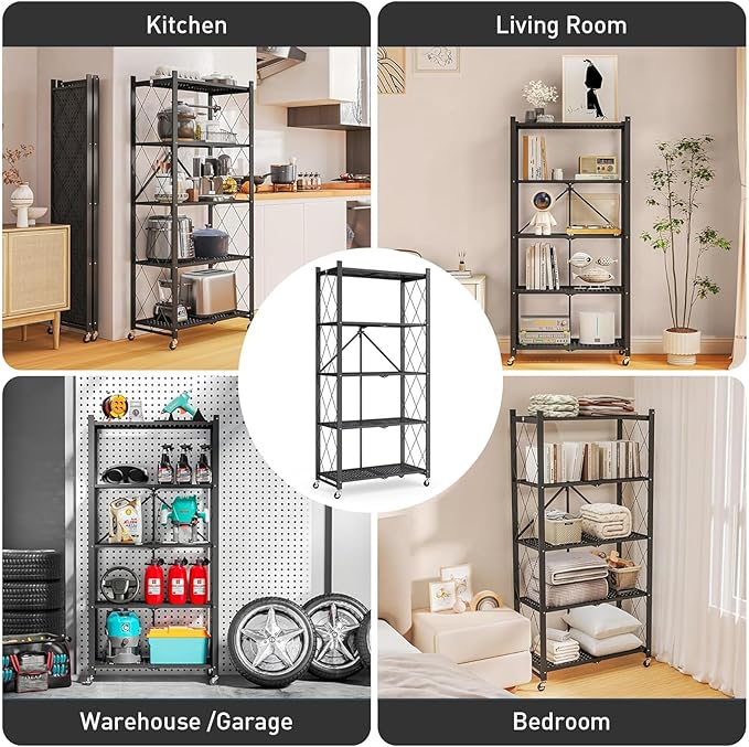 Folding Shelf Foldable Shelves with Wheels - Folding Shelves No Assembly , Collapsible Shelf Unit Display, Kitchen Organizers and Storage, Pop Up Heavy Duty Rack , 4-Tier Black 28"D x 14"W x 49"H