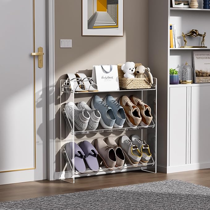 Acrylic Shoe Rack 3-Tier Clear Shoe Organizer for Closet, Shoe Shelf Storage for Entryway (Clear, 27.5“×6.7”×27“)