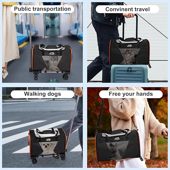 Cat Carrier with Wheels – Airline Approved Pet Travel Backpack, Soft-Sided Collapsible Rolling Carrier for Cats and Small Dogs, Expandable Top Loading Ventilated Design, Black