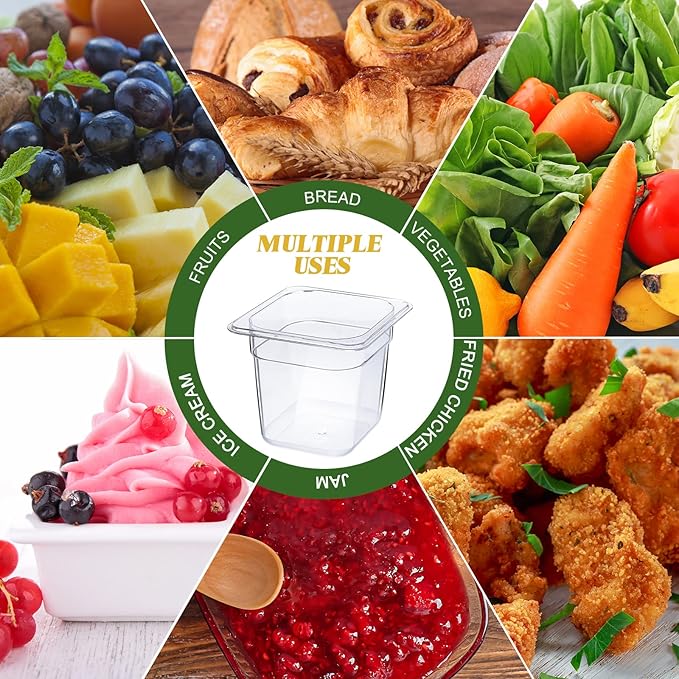 Yinder 6 Pcs Plastic Clear Food Pans 1/6 Size Stackable Polycarbonate Food Containers with Capacity Indicator Restaurant Commercial Hotel Pan for Fruits Vegetables Beans Corns (4'' Deep)