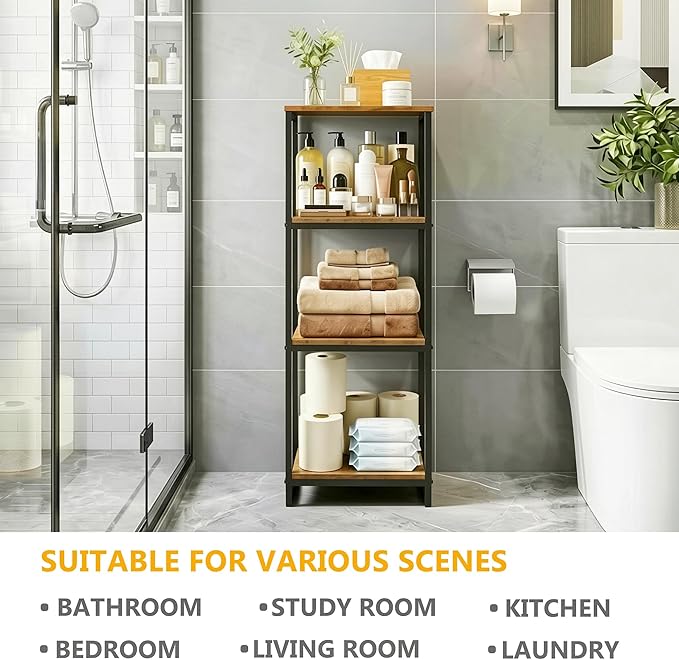 4-Tier Bathroom Shelving Unit, 33.7" H Narrow Open Floor Shelves, Metal Corner Slim Storage Rack for Bathroom Laundry Room Kitchen Living Room, Rustic Brown