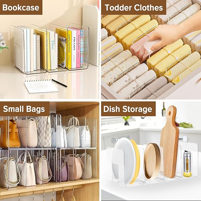 Purse Organizer for Closet, 2 Pack Fixed-Height Shelf Dividers β Clear Acrylic Handbag Organizer & Bag Organizer Set for Purse Storage, Closet Organization & Bookshelf Separation