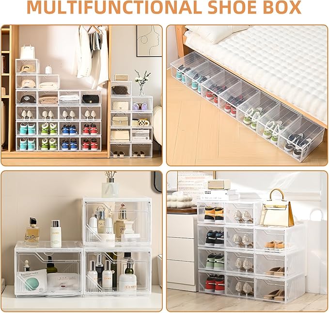 Large Shoe Boxes Clear Plastic Stackable,Drop Front Shoe Box with Clear Door, Shoe Containers For Sneaker Display,Fit up to US Size12 (white clear-Conjoined structure, 10 pack)