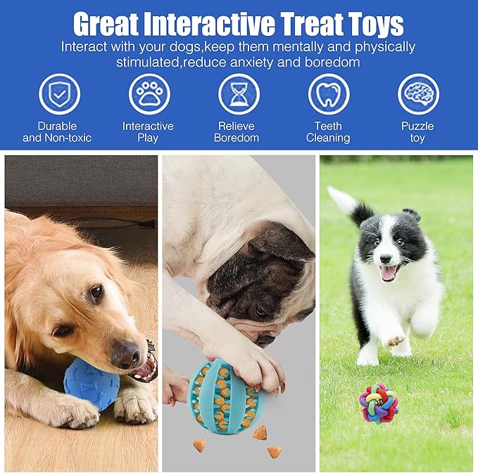 Interactive Dog Toys Ball 4 Pack Dog Puzzle Toys, Treat Dispensing Dog Toy, Dog Chew Teething Toys,Dog Squeaky Ball, Dog Rope Ball, for Tooth Cleaning, Chewing, Playing