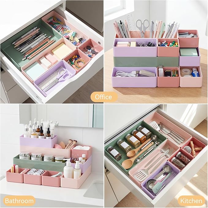 18 Pcs Drawer Organizer Stackable 4 Size Makeup Drawer Organizer Trays Acrylic Bathroom Vanity Storage Bins for Cosmetic, Jewelries, Office Supply, Kitchen Utensils(Multicolor,Glossy)