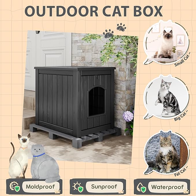 Cat Litter Box Enclosure, Plastic Outdoor Cat House Weatherproof, Multi-Functional Hidden Litter Box Furniture for Living Room, Backyard, Patio, Black