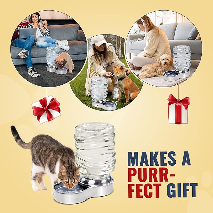 Bundaloo Dog Water Bowl Dispenser - Automatic Slow Refilling System Keeps Stainless Steel Drinking Dish Filled - Refillable 3 Liter Bottle, Non-Skid Feet - Clean, Safe, & Fresh Drink for Pet Dogs