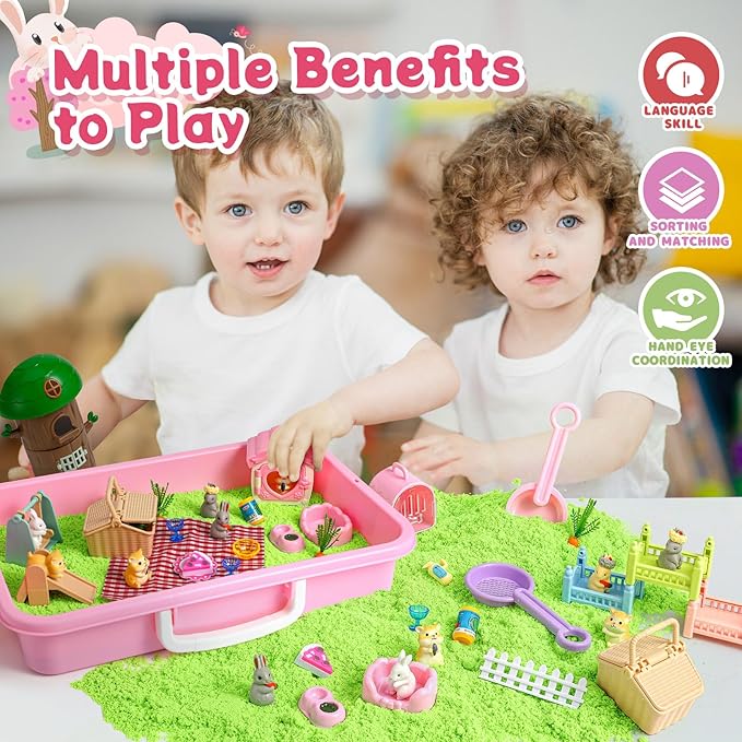 Rabbit and Hamster Sensory Bin,Play Sand Kit for Girls and Boys with 2.2lbs Sensory Sand and Box,Pet Sandbox Toys Role Pretend Play Beach Toy Birthday Present for Toddler Ages 3 4 5 6 7 8