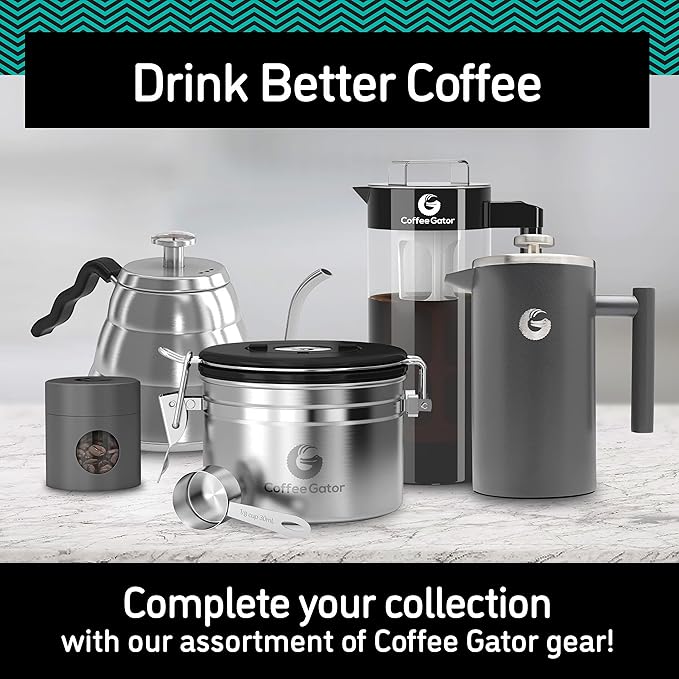 Coffee Gator Coffee Canister, 16oz Airtight Stainless Steel Kitchen Food Storage Container with Date Tracker, Scoop for Sugar,Grounds Coffee, Beans,Tea, Sugar, Cereal, Flour, Cookies Jars - Silver
