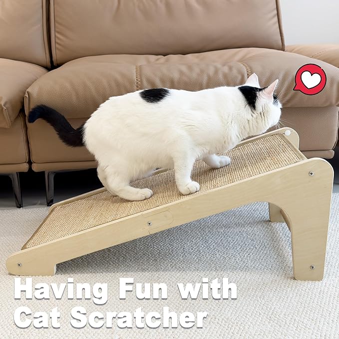 Meeyoview L Shape Cat Scratcher Ramp, 27'' Sisal Scratching Post, Vertical Cat Scratcher for Indoor Cats, Solid Wooden Scratch Board, Furniture Protector with Catnip